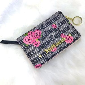 Juicy Couture Pink Bloom Black Signature Tab Card Case Key Ring Wallet